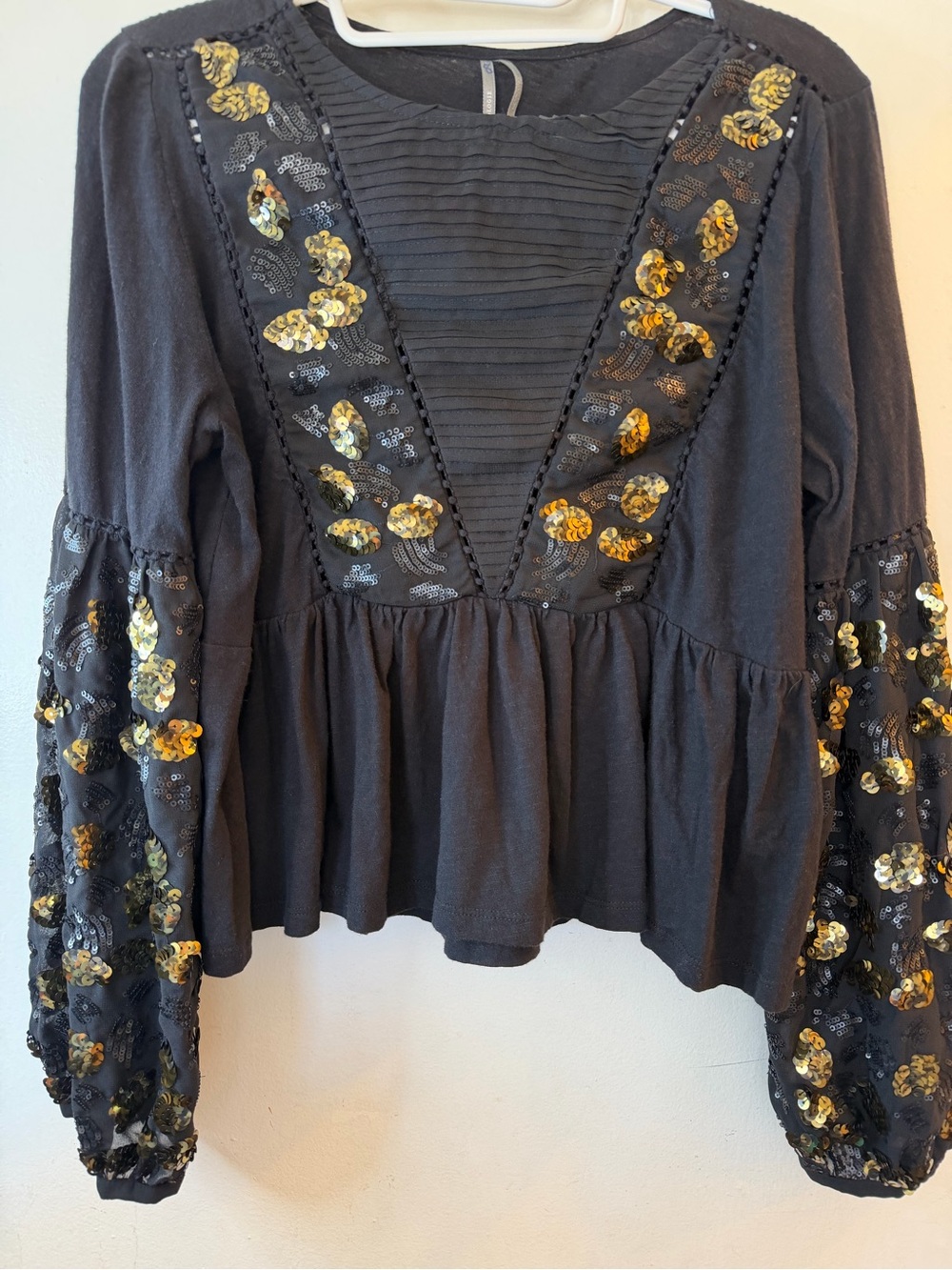 Anthropologie Black Gold Sequin Sleeve Peplum Boho Blouse Size M - Picture 5 of 11